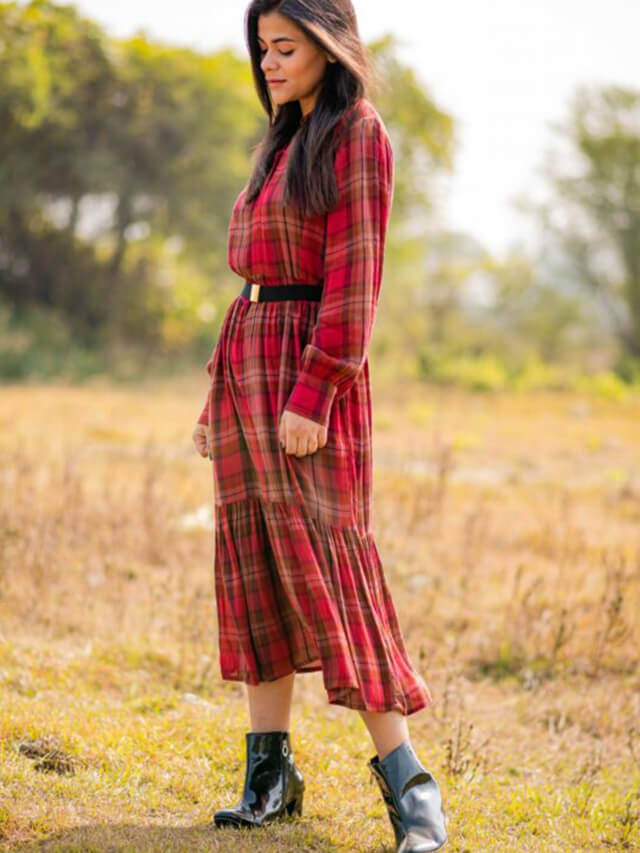 Rust check wrinkled dress