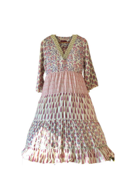 Block Printed Cotton/Silk Silver Gota Lace Enhanced Dress