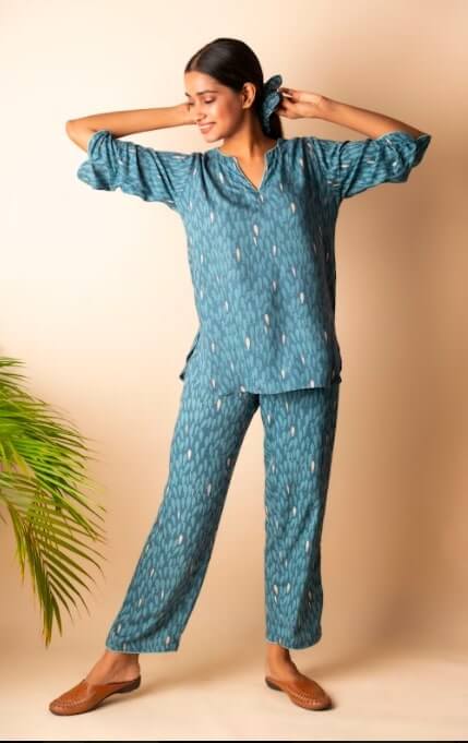 Cotton night suit turquoise blue