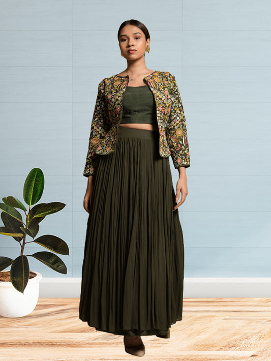 3 Piece Set With Embroidered Jacket-Mehendi Green