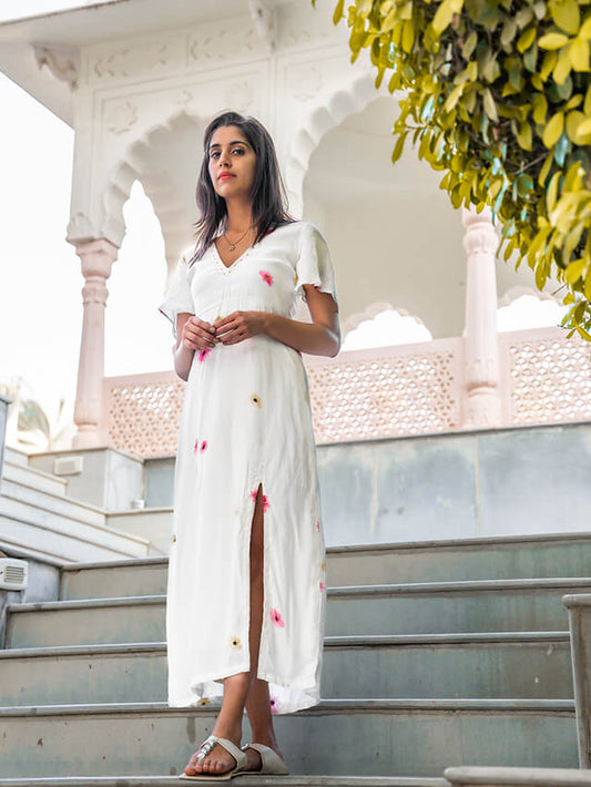 Pink and white v neck slit dress