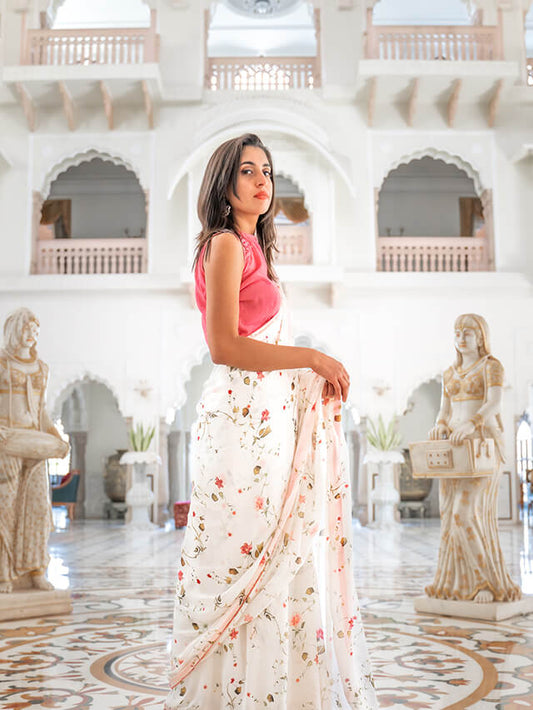 pink printed saree