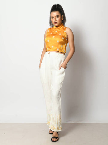 White Hand Embroidered Linen Pants