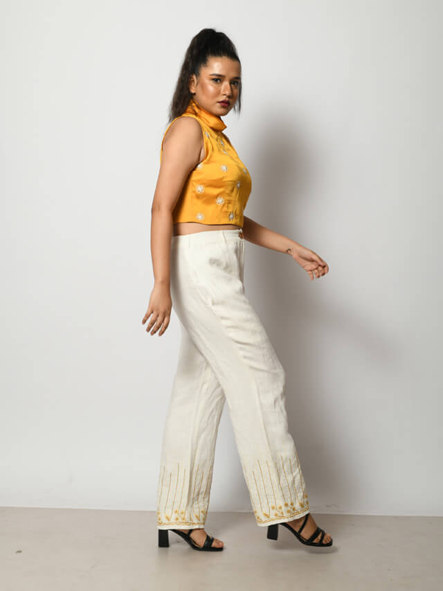 White Hand Embroidered Linen Pants