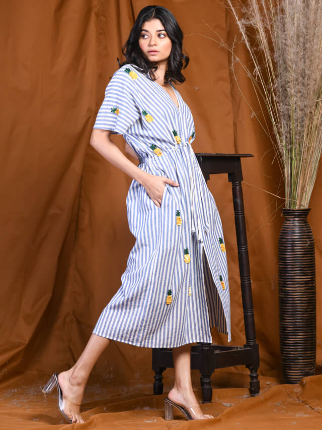 Aline White and Blue Striped Embellished Midi