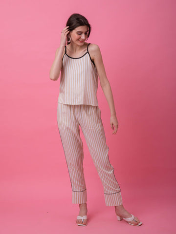 Beige Lurex Camisole Stripe Set