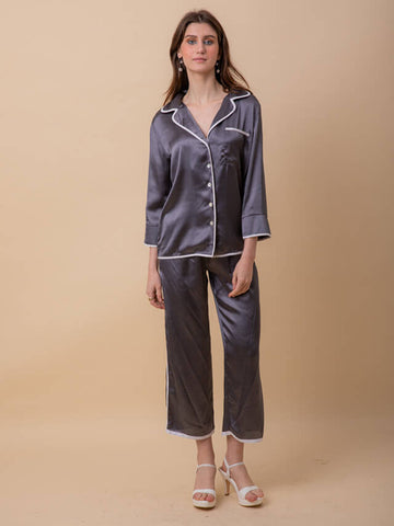 Grey Satin With White Piping Pyjama Set