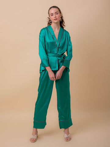 Luxe Satin Emerald Robe Set With Contrast Piping