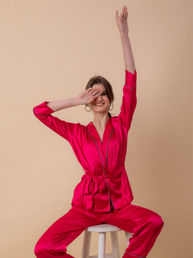 Luxe Satin Pink Robe Set With Contrast Piping