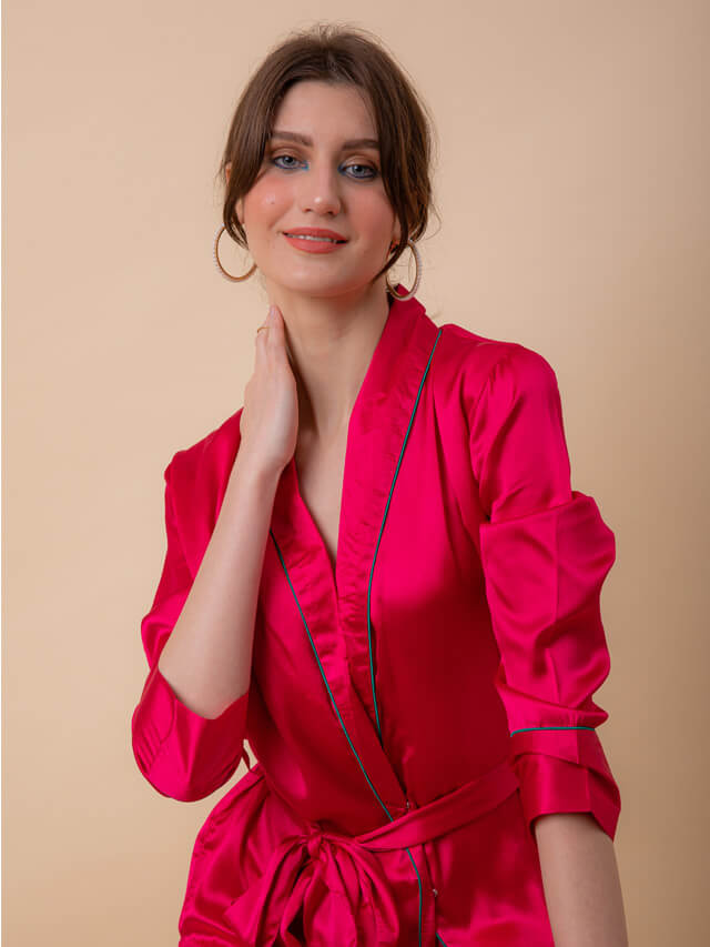 Luxe Satin Pink Robe Set With Contrast Piping