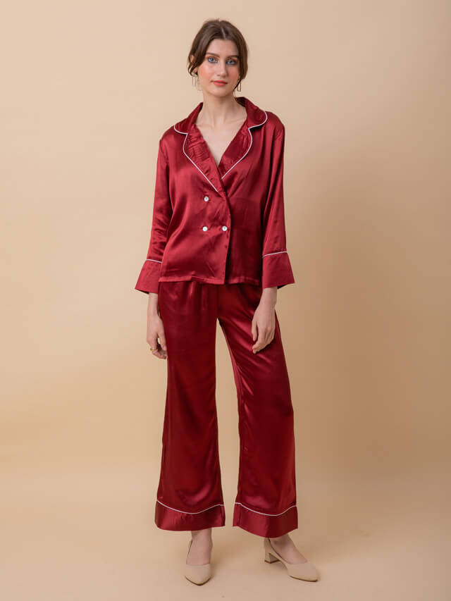 Luxe Satin Tux Set In Wine