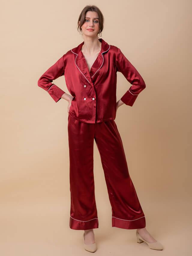 Luxe Satin Tux Set In Wine