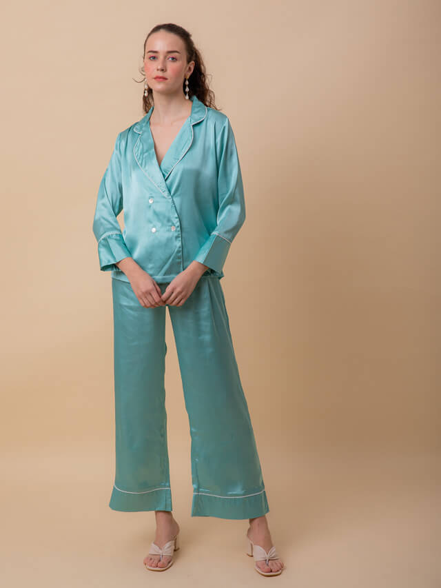 Luxe satin tux set in sea green