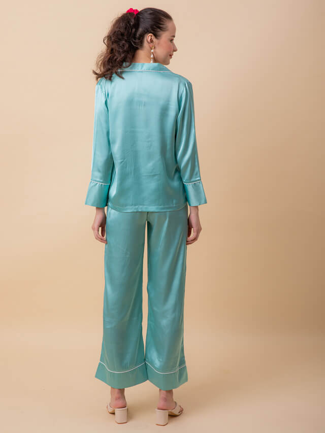 Luxe satin tux set in sea green