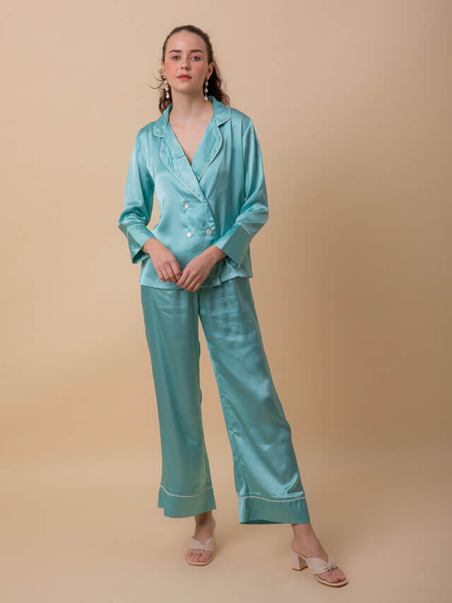 Luxe satin tux set in sea green