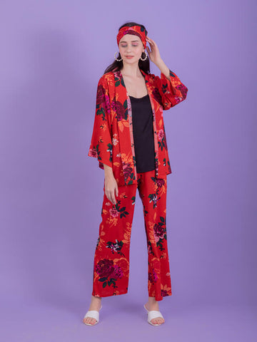 Red floral kimono camisole set