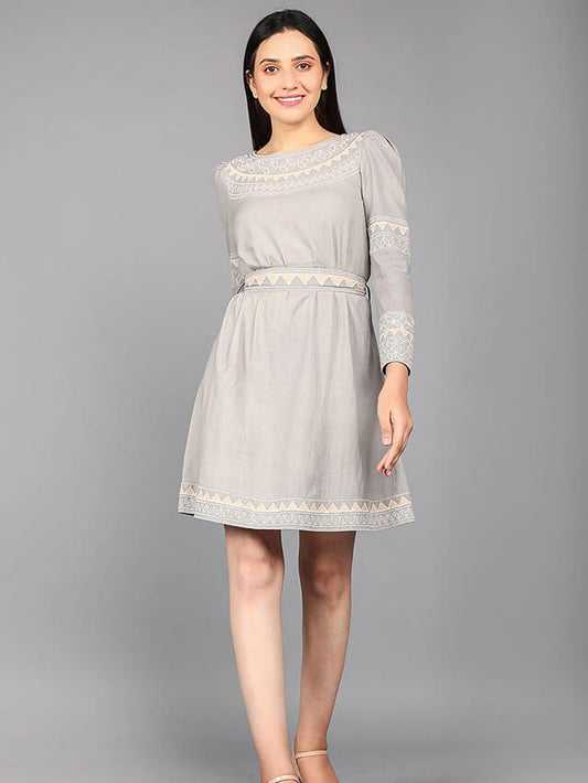 Round neck flex embroidered short dress