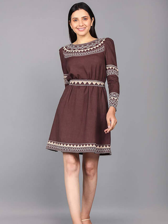 Round neck flex embroidered short dress 2