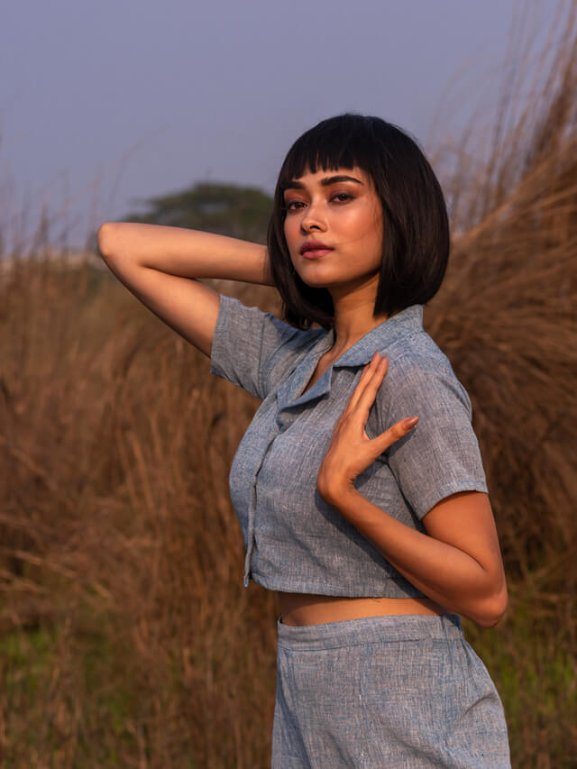 Indigo Cropped Bowling Shirt