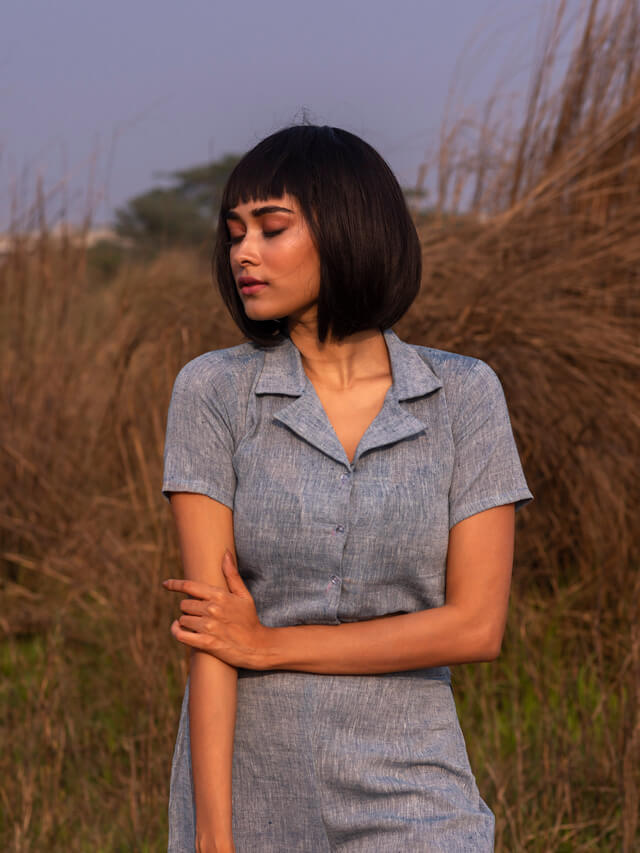 Indigo Cropped Bowling Shirt