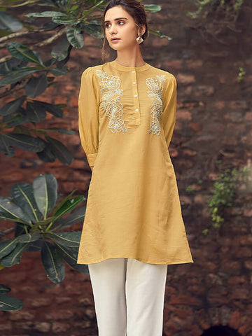 Chanderi silk co-ord set with yellow top and white pants