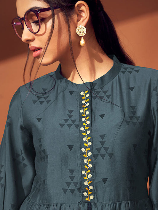 Teal grey chanderi silk top