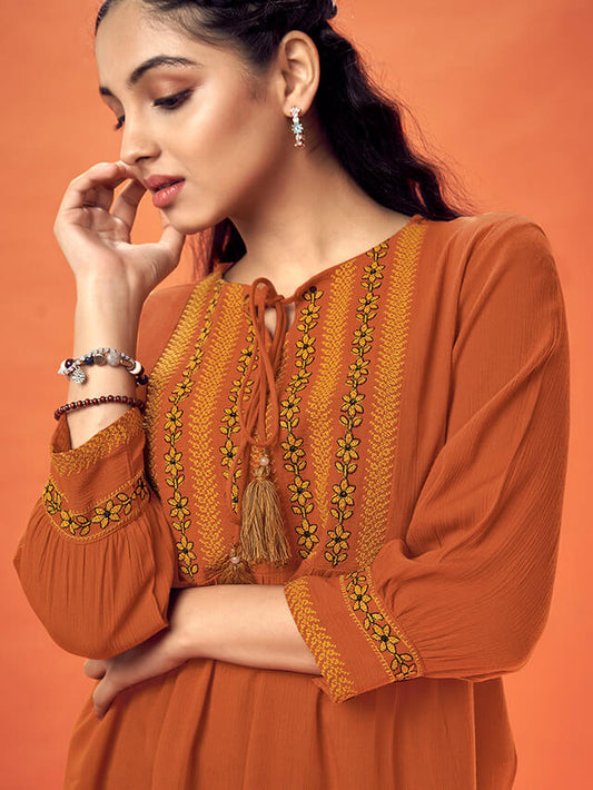 Rust coloured wrinkle rayon top