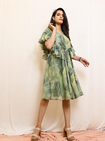 Green flared georgette dress