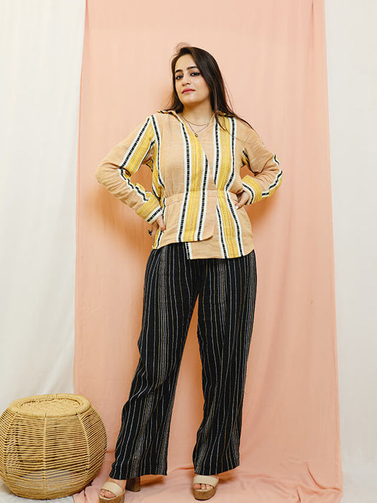 Yellow Asymmetric Blouse & Boho Stripe Trouser