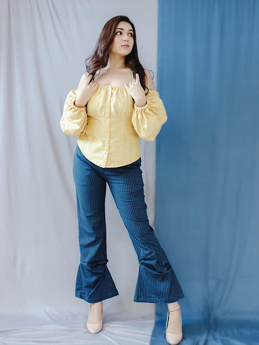 Yellow Corset Blouse & Blue Striped Trousers