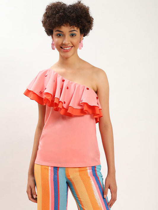 Peach lucia one shoulder ruffle top