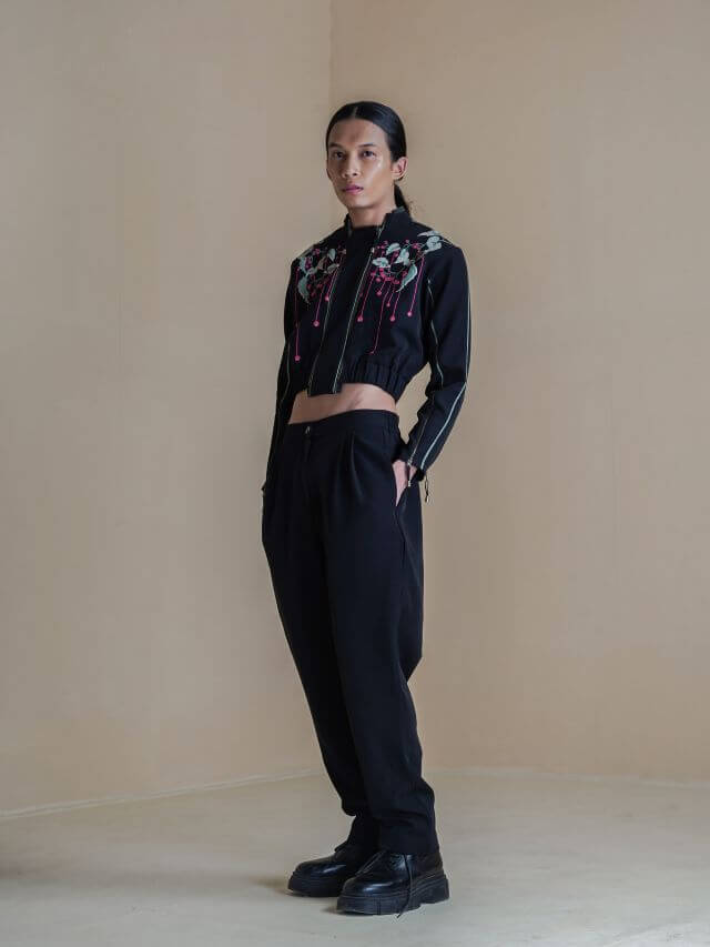 Floral Printed Black Double Zip Jacket With Solid Black Pants