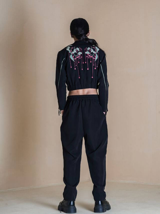 Floral Printed Black Double Zip Jacket With Solid Black Pants