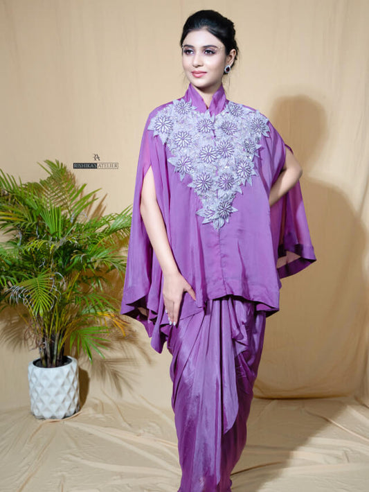 Purple embellished translucent Kaftan with drape skirt