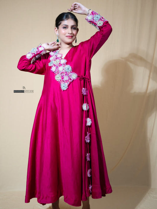 Rani pink angrakha style dress with multi-coloured embellishments