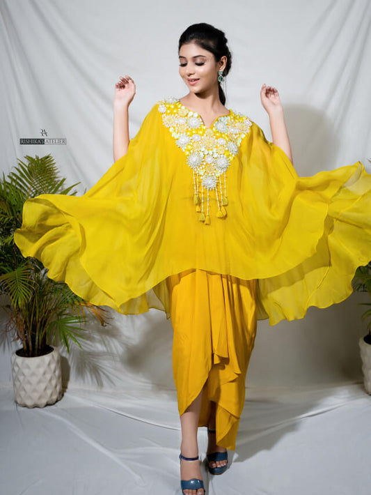 Mustard embellished translucent kaftan and drape skirt