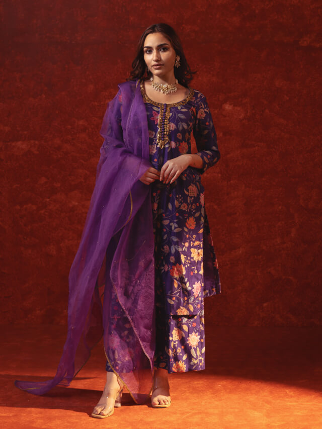 Purple suit with metal embroidery with dupatta