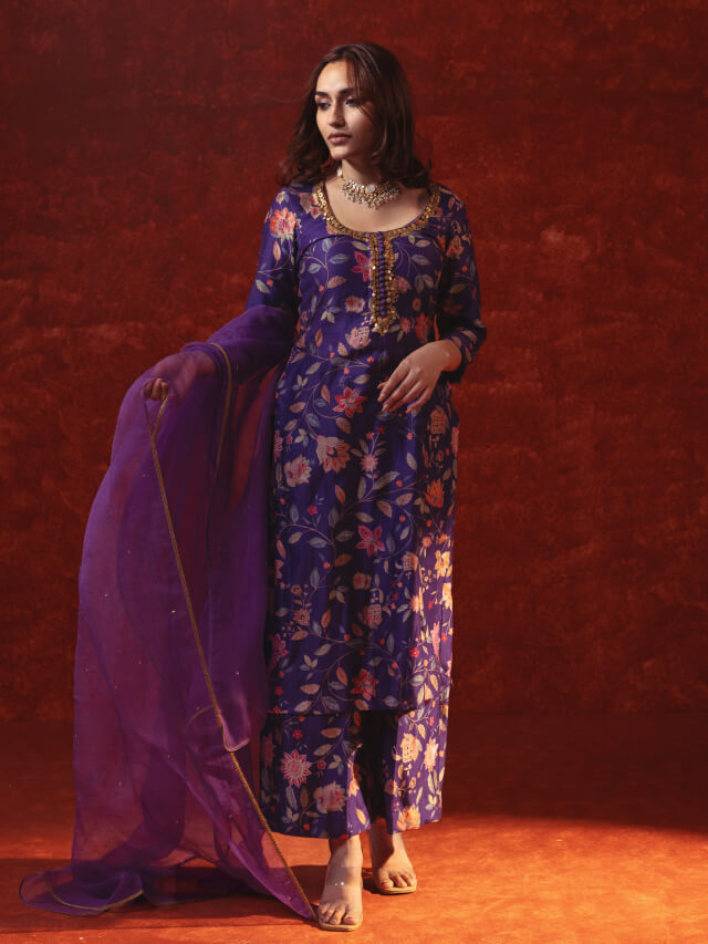 Purple suit with metal embroidery with dupatta