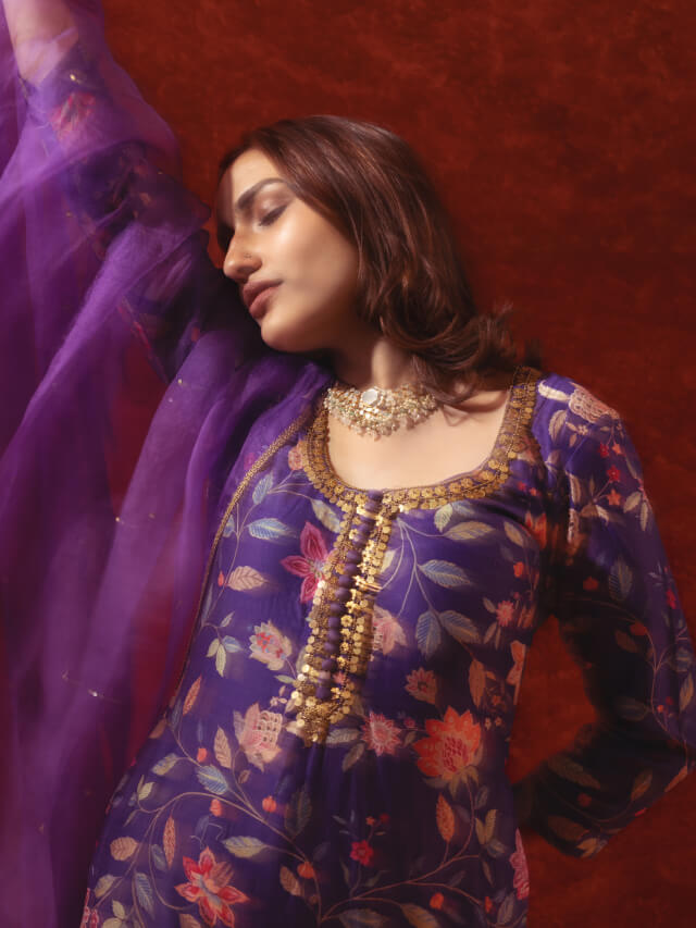 Purple suit with metal embroidery with dupatta