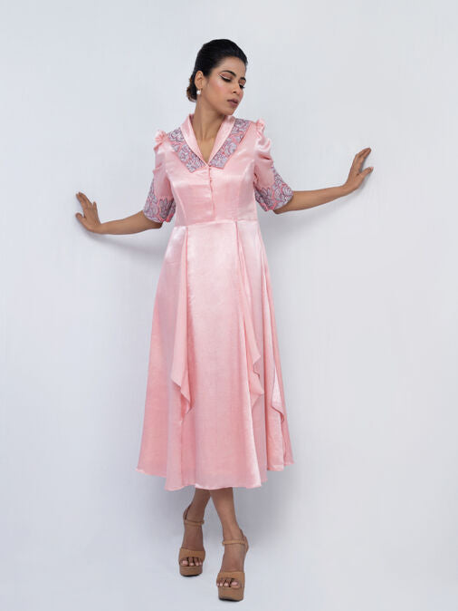 Double Collared Puffed Sleeve Panel Dress