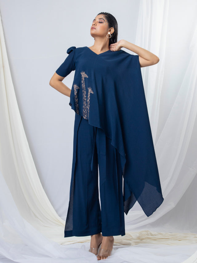 Drape Giraffe Embroidered Top with Wrap Around Trousers