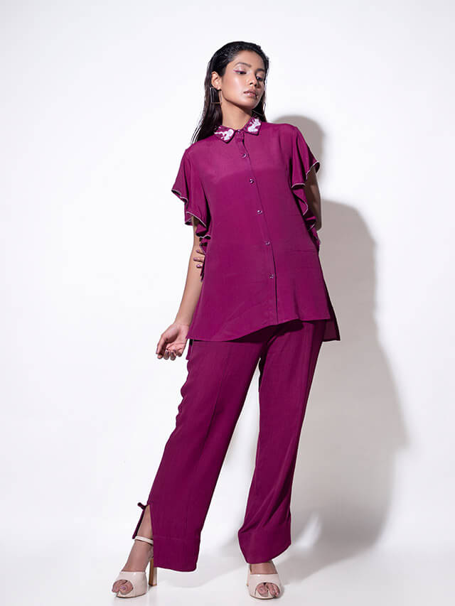 Collar Embroidered Co-ord with Cascade Sleeves