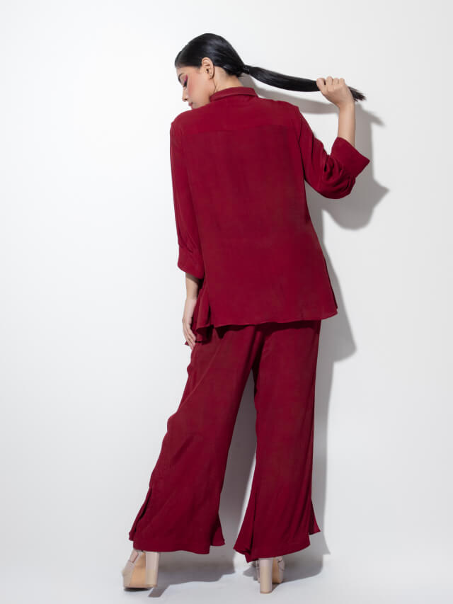 Asymmetric Bias Shirt with Frilled Trousers