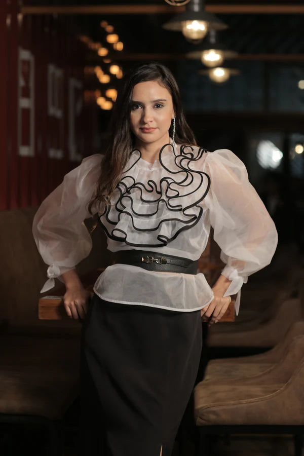 Lamina white sheer top & black skirt full set