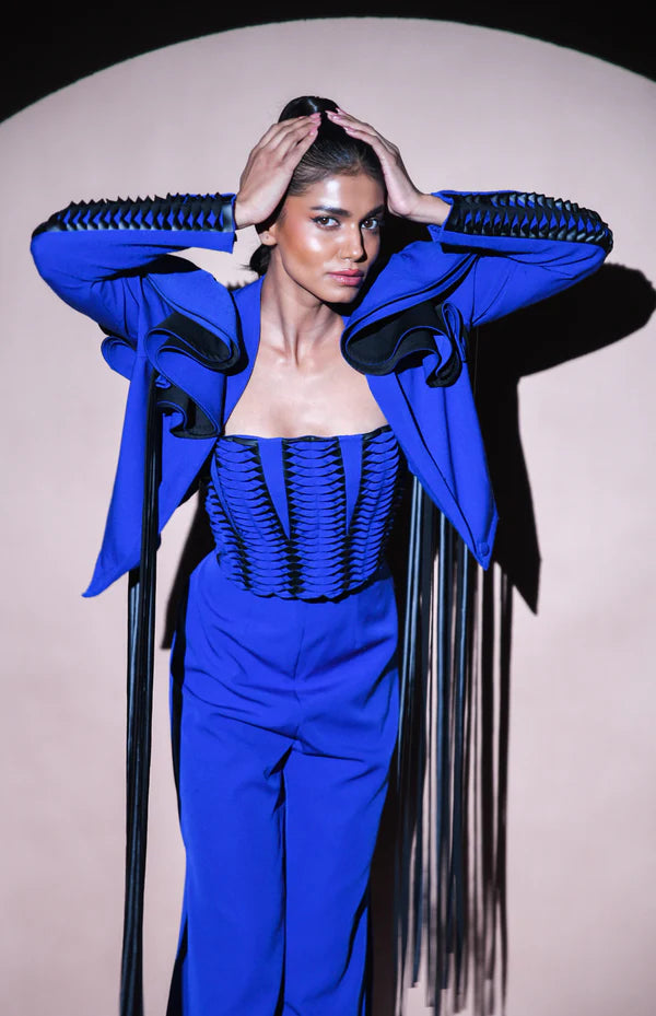 Archic symmetry ruffled blazer,bustier & pant full set