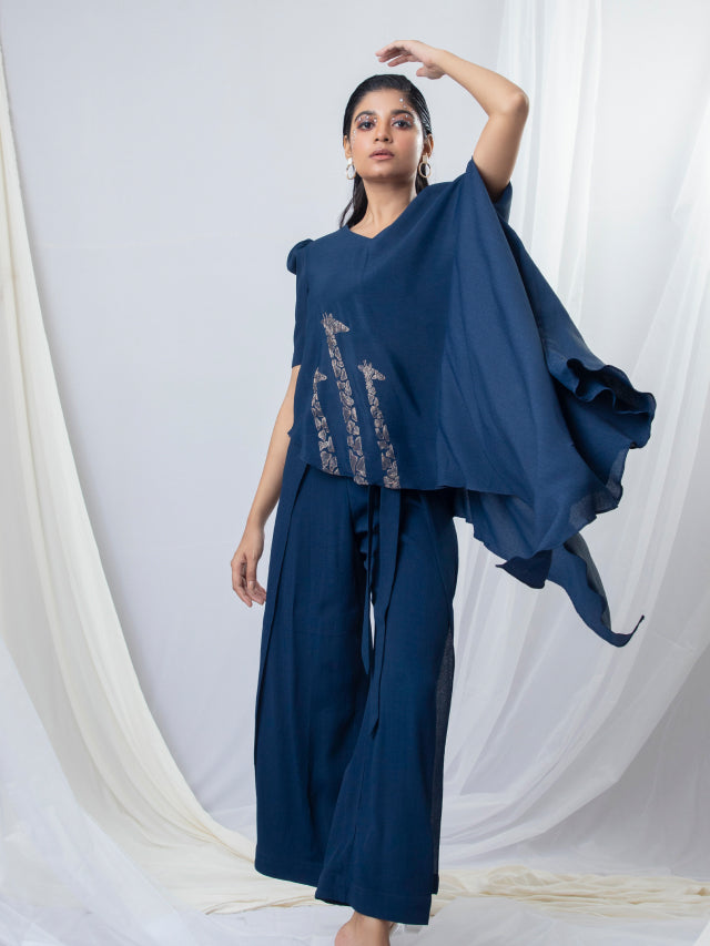 Drape Giraffe Embroidered Top with Wrap Around Trousers