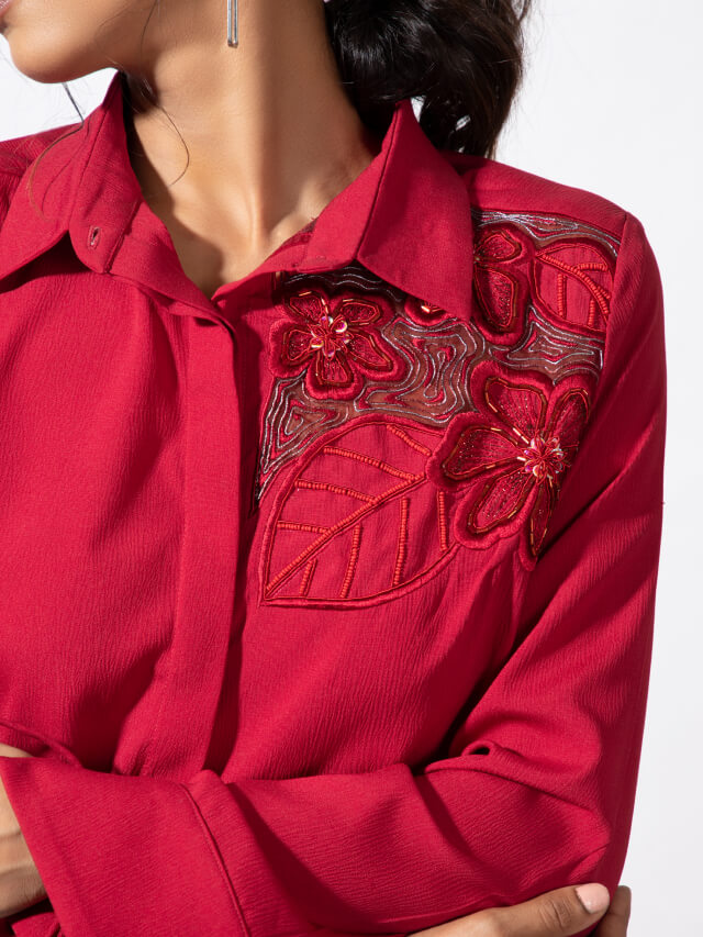 Embroidered Cuff-Tied Shirt