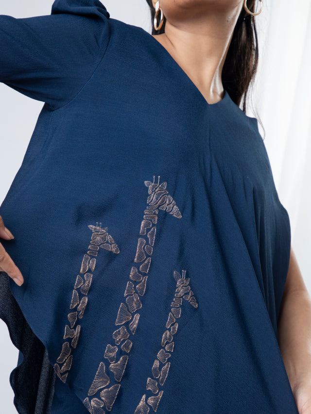 Drape Giraffe Embroidered Top with Wrap Around Trousers