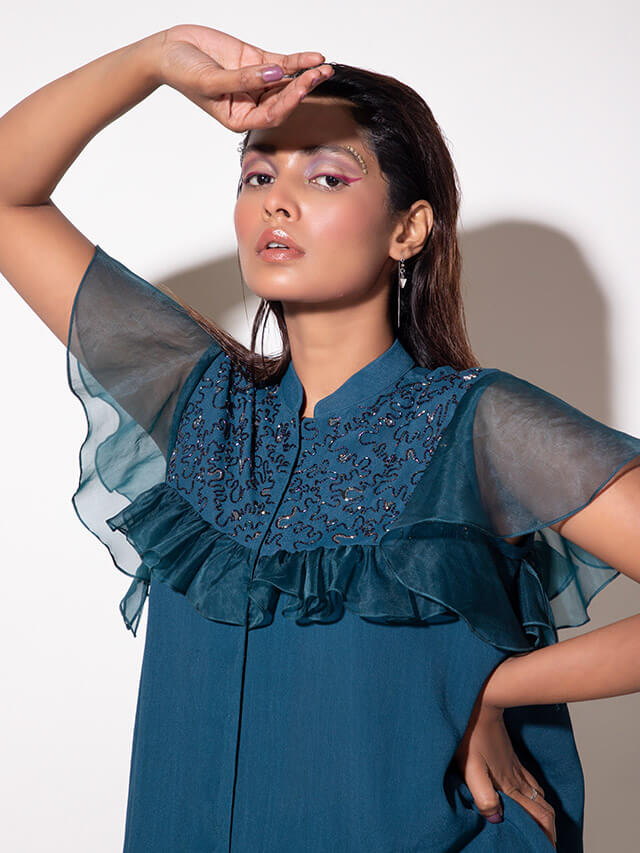 Umbrella Cut Embroidered Shirt with Organza Details