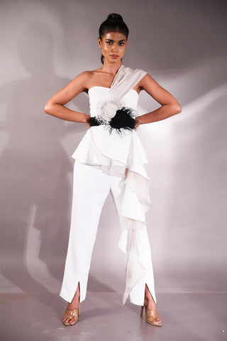 Corsage one shoulder ruffle top & straight pant  full set